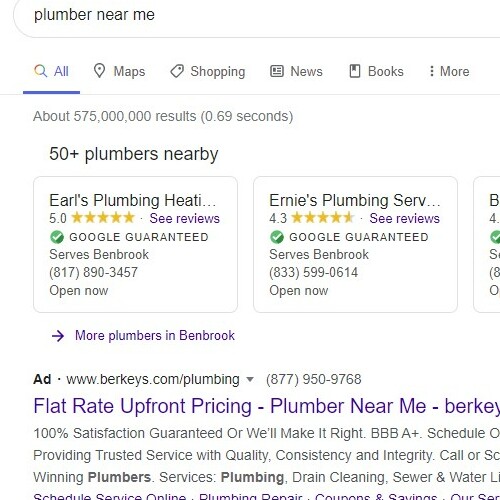 Screenshot of a Google Search for Plumbers.