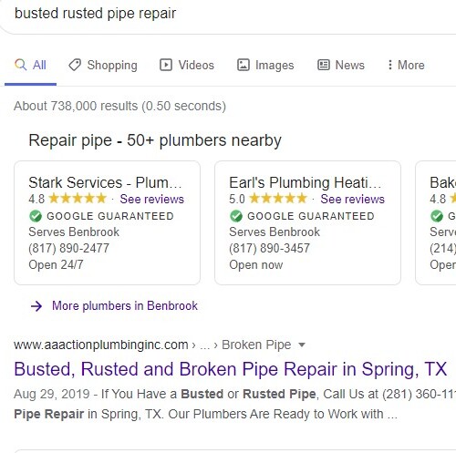 An SEO Search for Rusted Pipe Repair.